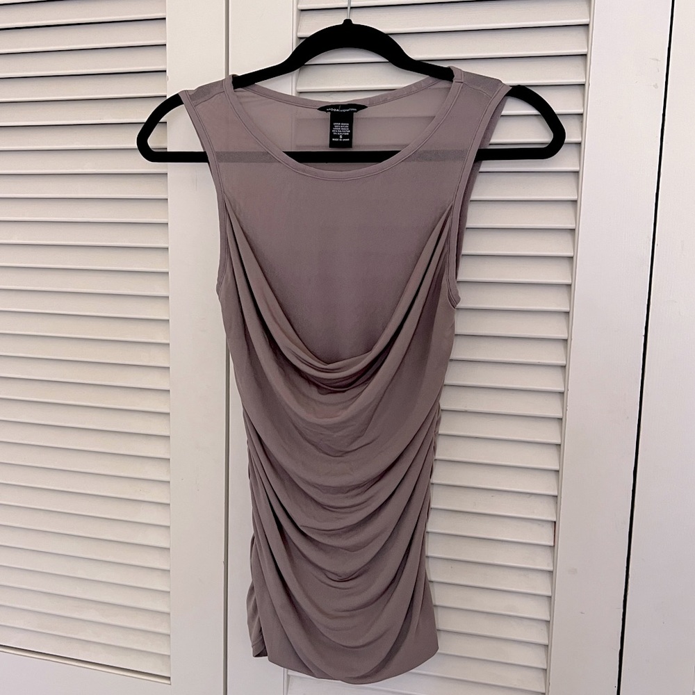 Moda International Beige Ruched Cowl Neck Sheer Mesh Tank Top